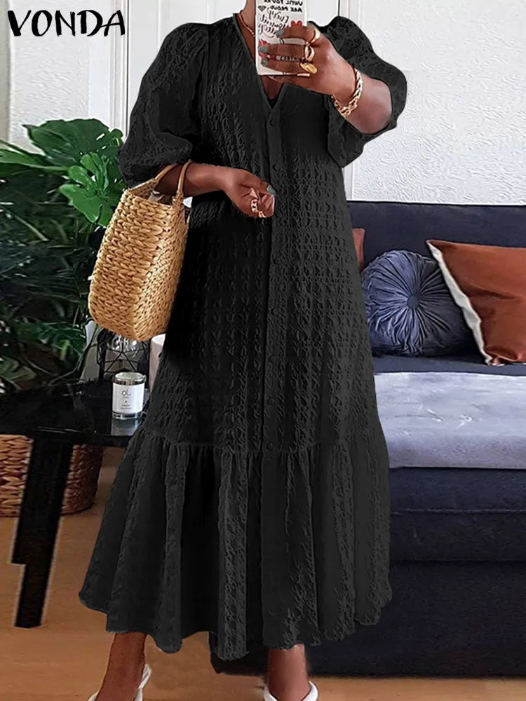 Plus Size 5XL VONDA Women Shirt Dress 2023 Summer Sexy V Neck Buttons Half Sleeve Long Maxi Vestidos Bohemian Elegant Party Robe