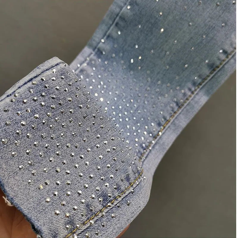 Women's Jeans 2025 Summer New Elastic Slim Heavy Industry Hot Diamond Small Foot Pencil Pants Female Casual Denim Trousers