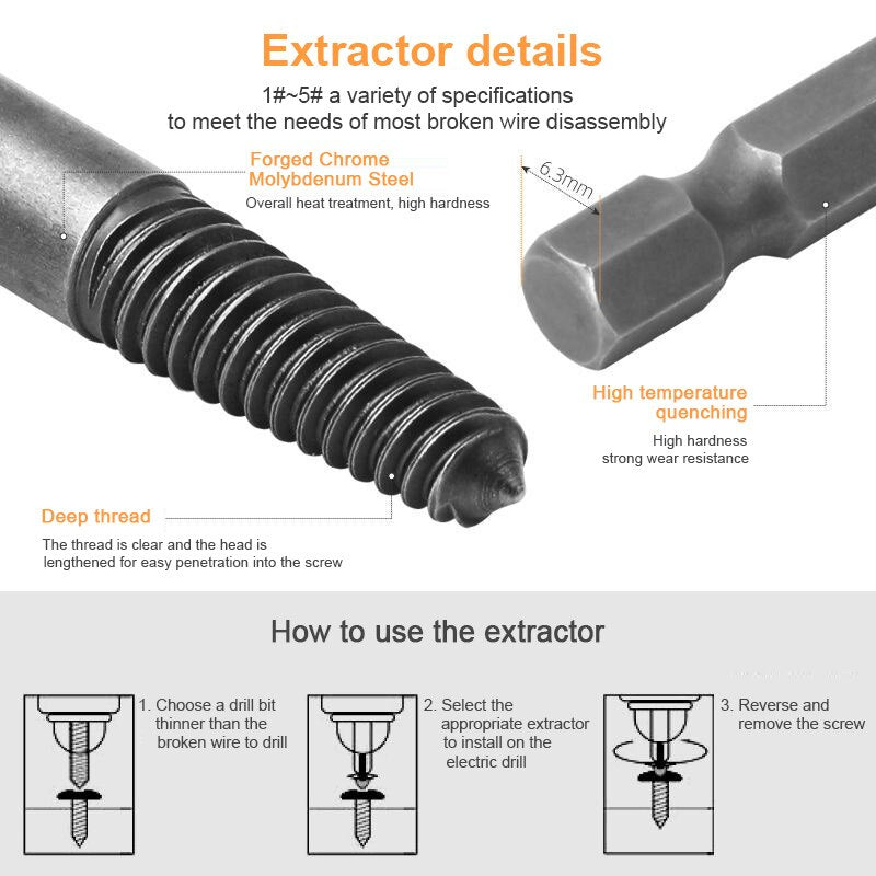 5pcs Hex Screw Extractors Tool Center Drill Bits Guide Set Damaged Bolt Remover Removal Tools Speed Easy Out Set Power Tool