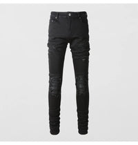 Fashionable new men's jeans, washed, nostalgic, elastic, slim fit, perforated, patchwork patch, black jeans, high street designe