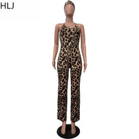 HLJ Sexy Leopard Print Bodycon Jumpsuits Women Thin Strap Sleeveless V Neck Wide Leg Pants Playsuit Female Overall With Scarf