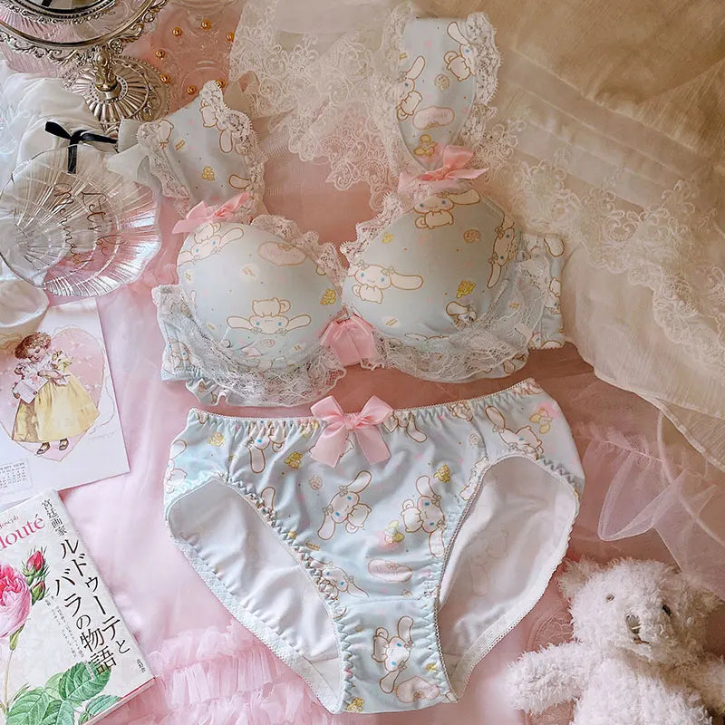 Underwear cute girl lace rabbit big ears lingerie with underpants suit women thickened small chest gathered steel ring bra set