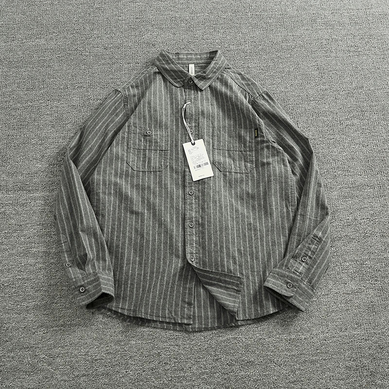 Spring Vertical Striped Brushed 100% Cotton Washed Casual Long Sleeve Shirt Men's Retro Top Versatile Soft Workwear Shirt Coats