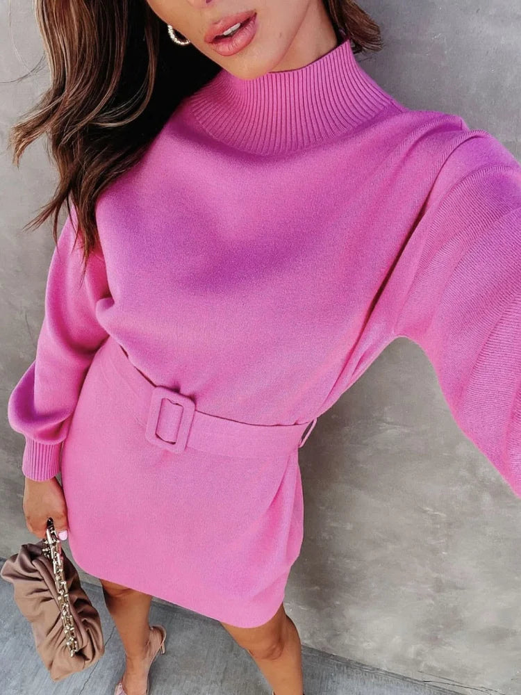 Turtleneck Sweater Dress Women Long Sleeve Winter Knitted Dress with Belt 2022 Lady Elegant Pink Mini Christmas Party Dresses