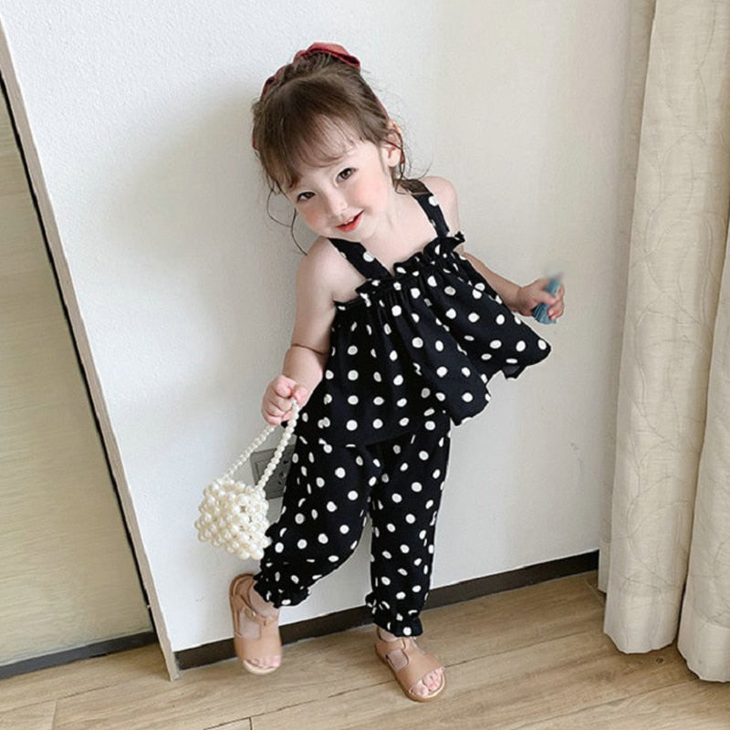 Summer Girls' Clothing Sets Back Cross Flower Suspender Top+ Nine-Point Pants Baby Children Clothes Suit Fashion Kids Outfit