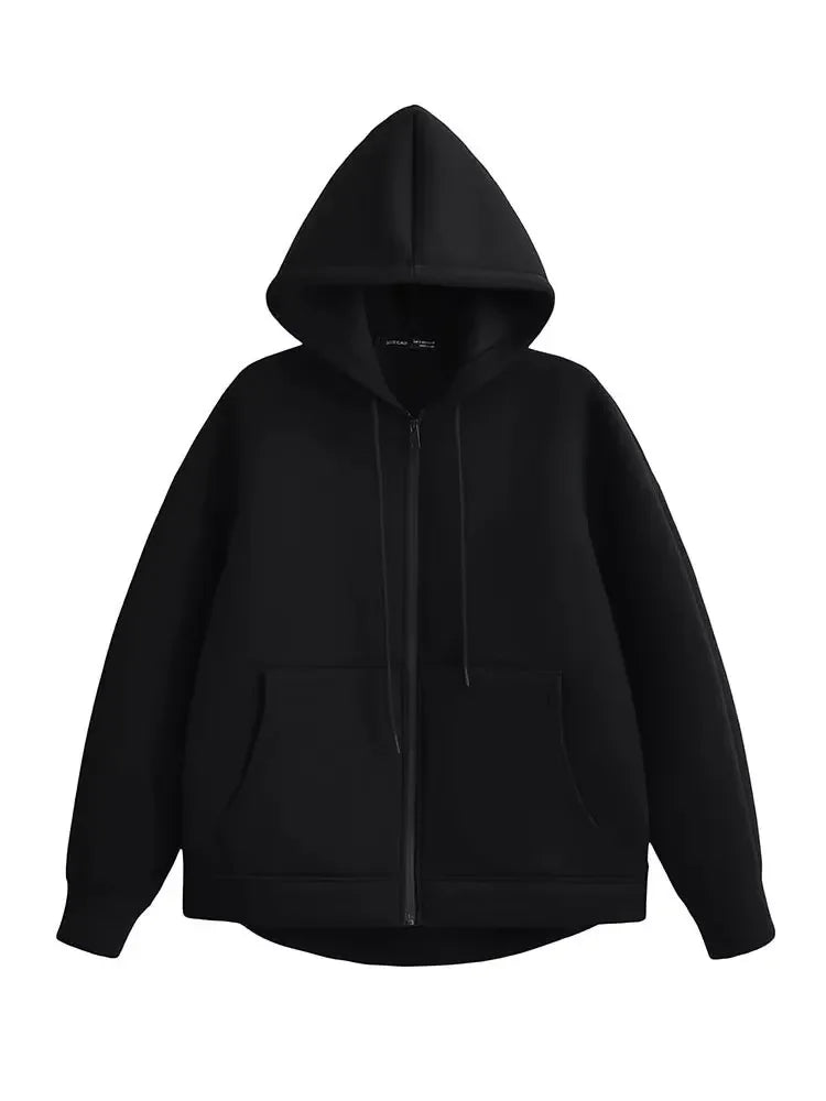 Autumn Women Gray Jacket With Hood Long Sleeve Big Pocket Zipper Jacket Coat Woman Loose Casual Outerwear Coat Tops