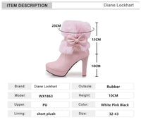2025 Winter Womens Fashion High Heel Boots Pink White Black Fur Tassel Bowtie Lovely Lolita Ladies Party Wedding Shoes size32-43