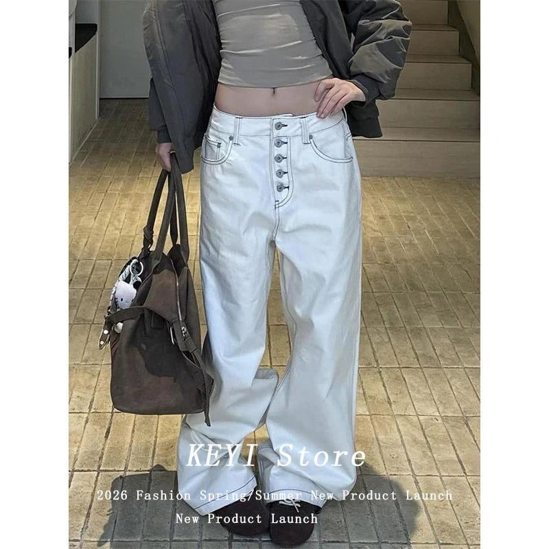 White Lined Wide Leg  Jeans Cleanfit Loose Straight Tube Micro Flared Pants Low Waist Zipper Closure Straight Leg