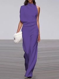 Spring And Summer Simple Solid Color Fashion One-shoulder Pile Collar Jumpsuit British Style Mid-waist Pleated Hollow Jumpsuit