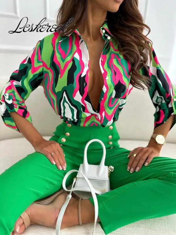 Fashion Long Sleeve Buttons Shirts & Blouses For Women 2023 Spring Casual Print Womens Tops And Blouse Office Top Femme Shirt