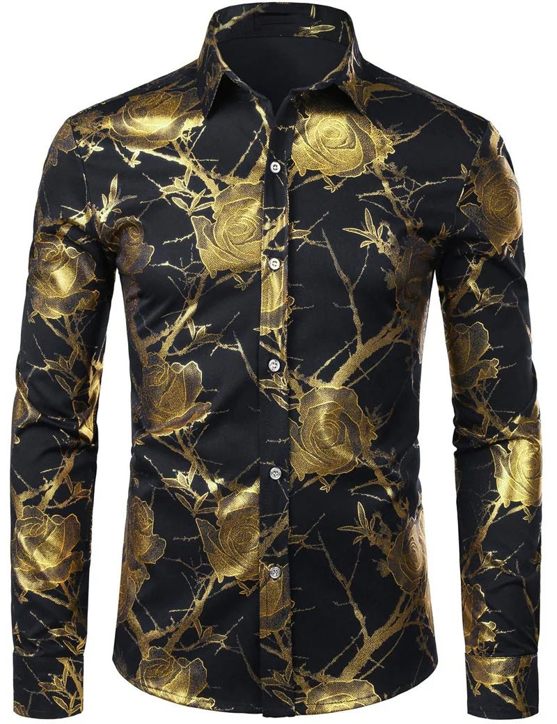 Mens Gold Rose Floral Print Shirts Brand Floral Steampunk Chemise White Long Sleeve Wedding Party Bronzing Camisa Masculina New