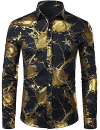Mens Gold Rose Floral Print Shirts Brand Floral Steampunk Chemise White Long Sleeve Wedding Party Bronzing Camisa Masculina New
