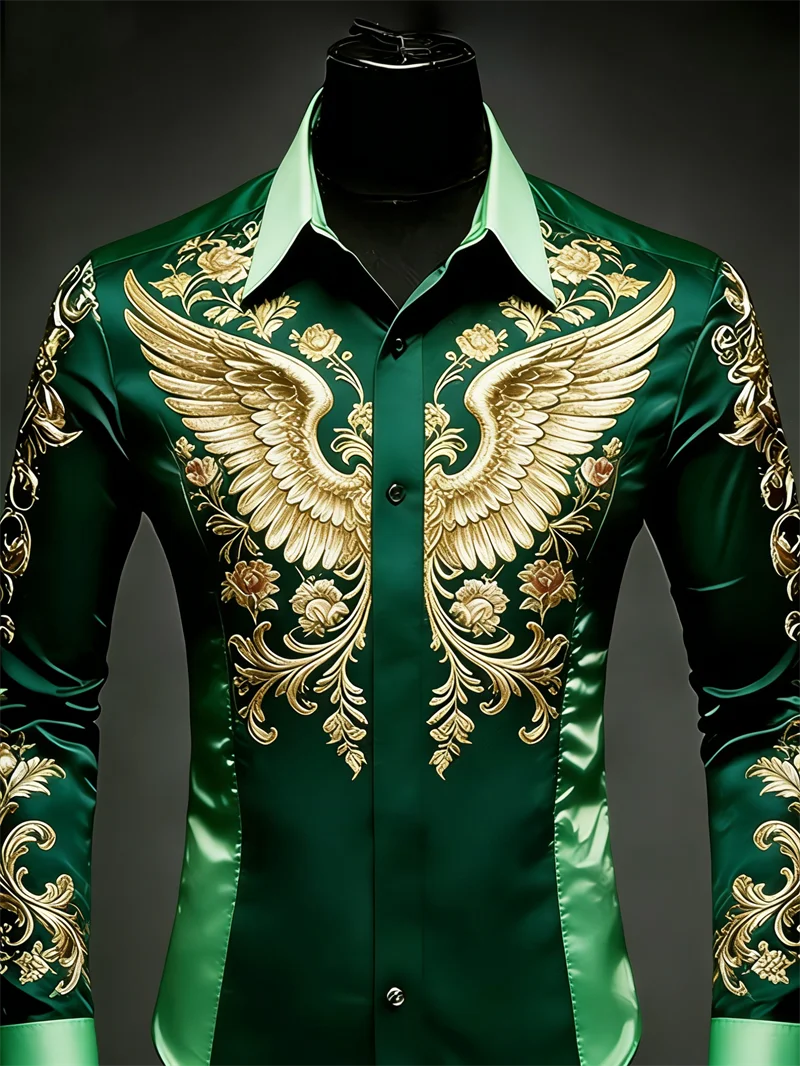 New 10 color men's long sleeved lapel shirt with fashionable 3D floral print and wing pattern long sleeved shirt