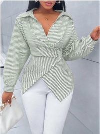 Striped V-neck Long Sleeved Lace Button Up Women's T-shirt Fashionable Versatile Daily Urban Style Spring Top