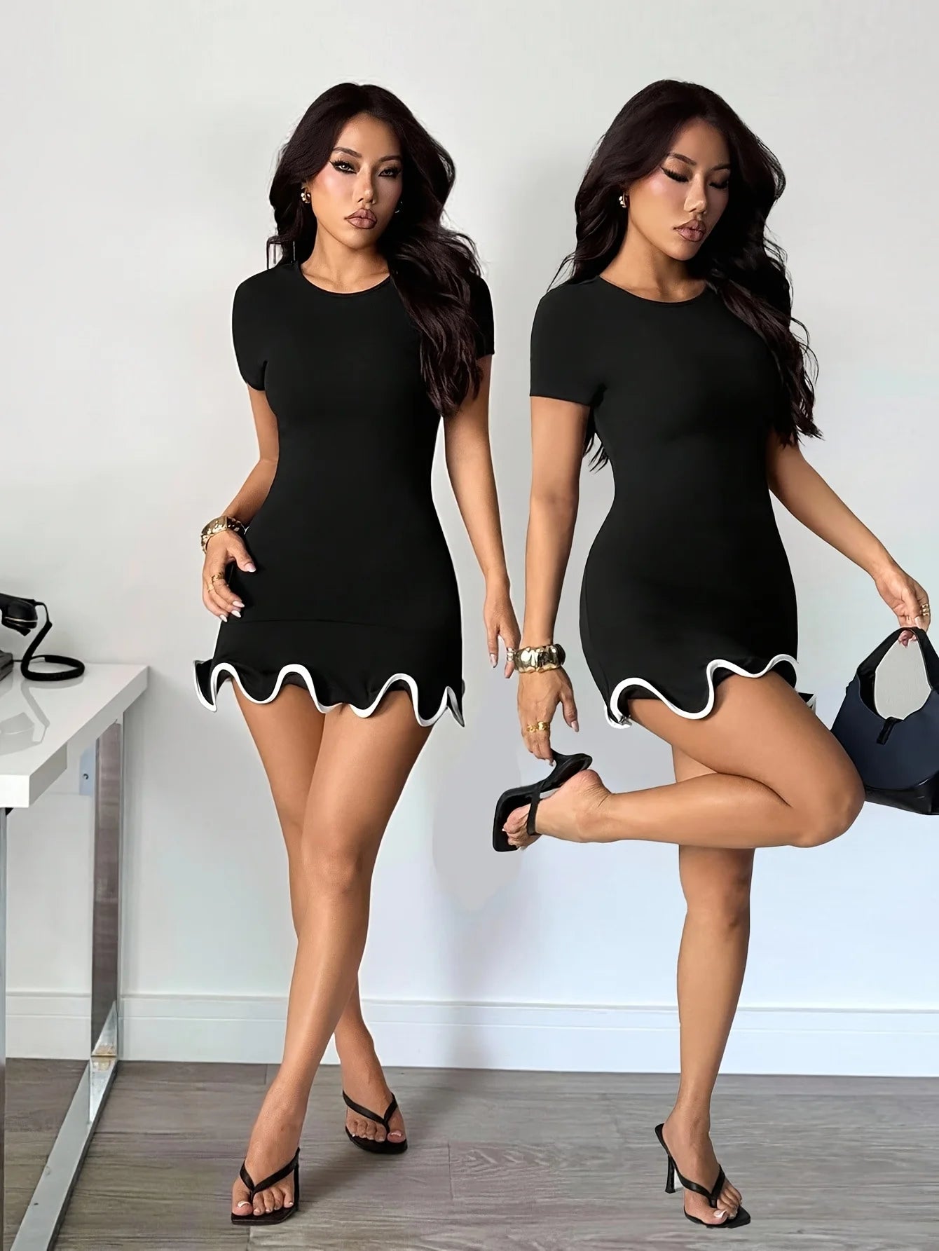 Round neck ruffled slim-fit mini dress