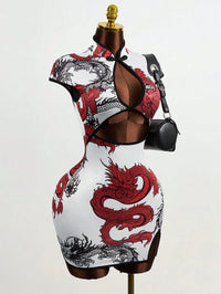 Women's Chinese Dragon Print Hollow-Out Bodycon Dress with Puff Sleeve and Button Detail