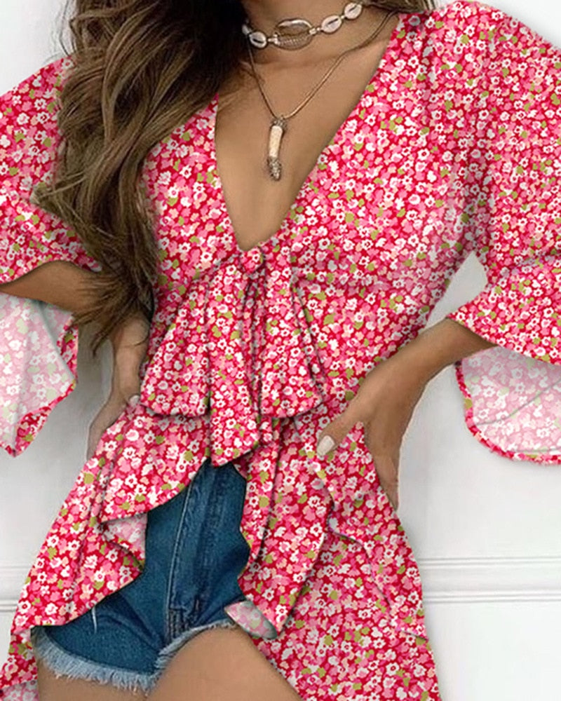 Pink Ditsy Floral Print Ruffle Hem Bell Sleeve Top Women Fashion Casual V Neck Flower Spring Summer New Blouse Sexy