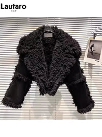 Lautaro Autumn Winter Short Hairy Thick Warm Black Faux Sheepskin Coat Women with Long Sleeve Luxury Designer Fluffy Jacket 2023