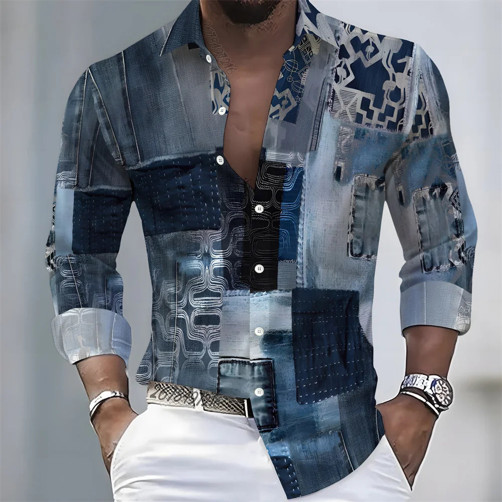 American retro patchwork print men's long-sleeved shirt, casual spring and autumn turn-down collar cardigan, plus size men's top