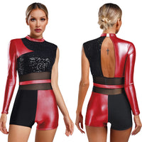 Womens Jazz Latin Dance Leotard Boyshort Asymmetrical Glittery Sequins Metallic Shiny Bodysuit Chacha Ballet Ballroom Dancewear