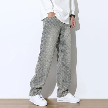 2025 Jacquard Full Print High Street Trendy Brand Ins Design Sense Jeans Loose Straight Tube Washed Wide Leg Long Pants