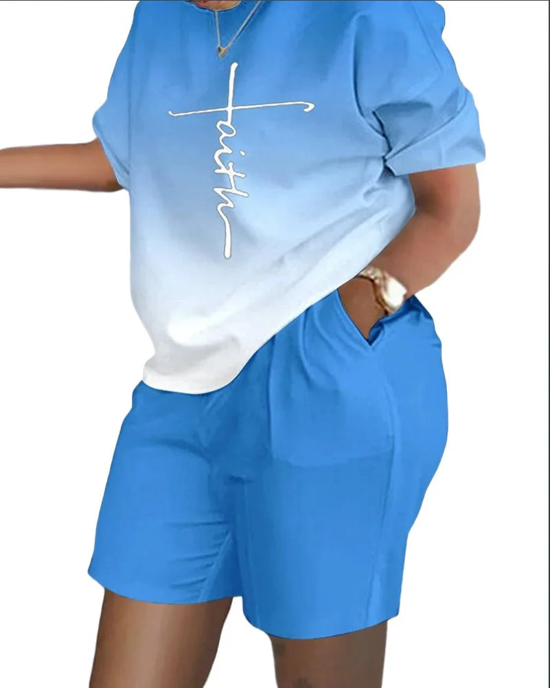 Women Print Two Piece Shorts Sets Matching Sets Short Sleeve T Shirts Pockets Elastic Waist Trousers Y2k Tops Suits Summer 2025