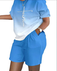Women Print Two Piece Shorts Sets Matching Sets Short Sleeve T Shirts Pockets Elastic Waist Trousers Y2k Tops Suits Summer 2025