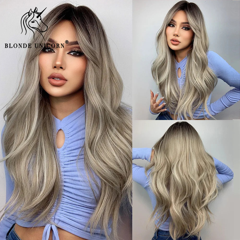 Blonde Unicorn Synthetic Long Wavy Wig Ombre Purple to Blue for Woman Cosplay Halloween Wigs Heat Resistant Fiber Bangs Hair