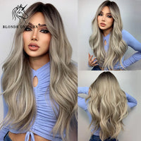 Blonde Unicorn Synthetic Long Wavy Wig Ombre Purple to Blue for Woman Cosplay Halloween Wigs Heat Resistant Fiber Bangs Hair