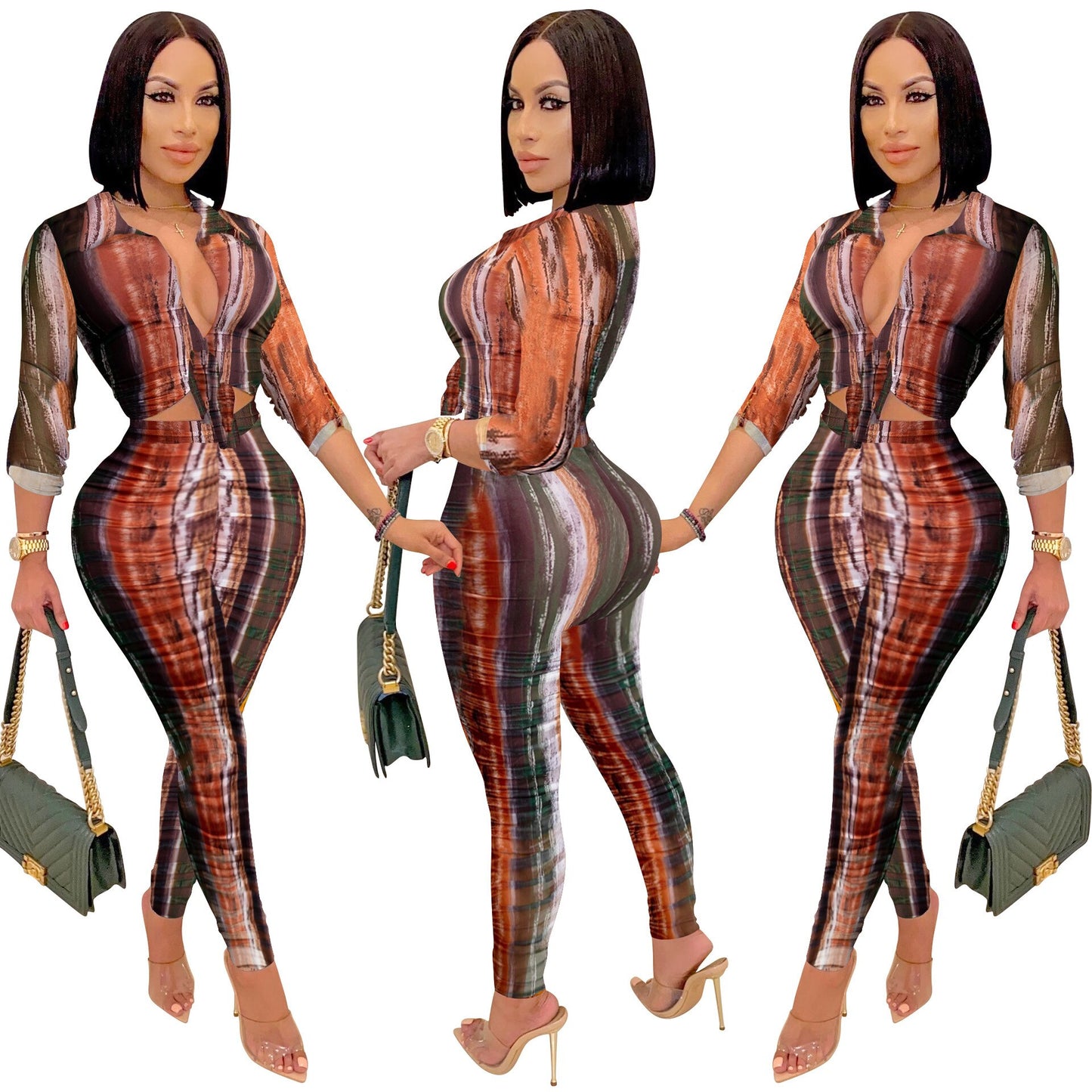 2023 Sexy Autumn Elegant African Women Long Sleeve V-neck Polyester Two Pieces Sets Top and Long Pant