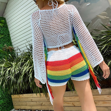 2022 New Sexy Women Knitted Set Two Pieces Set rainbow long sleeve tassel crop top shorts