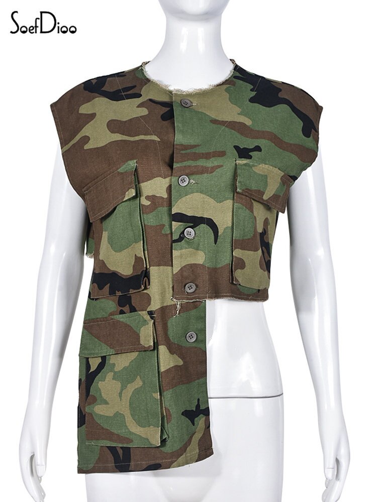 Soefdioo Fashion Multi Pocket Camo Cargo Vest Women Sexy Asymmetrical Sleeveless Single Breasted Jacket Crop Tops Streetwear