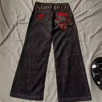 Jeans letter embroidered black loose trousers Couple fashion retro new athlete street clothing Y2K Harajuku street wear trousers