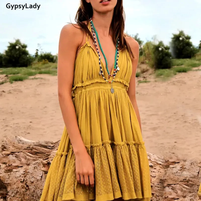 GypsyLady Summer Backless Boho Mini Dress Deep V Sexy Women Strapless Beach Dress Hippie Chic Dress Holiday Casual Dress