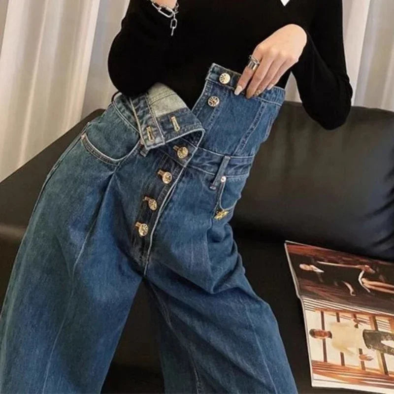 French dark blue breasted high waist jeans women's spring and autumn new large size loose slim high design straight wide-leg pan