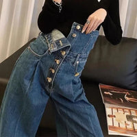 French dark blue breasted high waist jeans women's spring and autumn new large size loose slim high design straight wide-leg pan