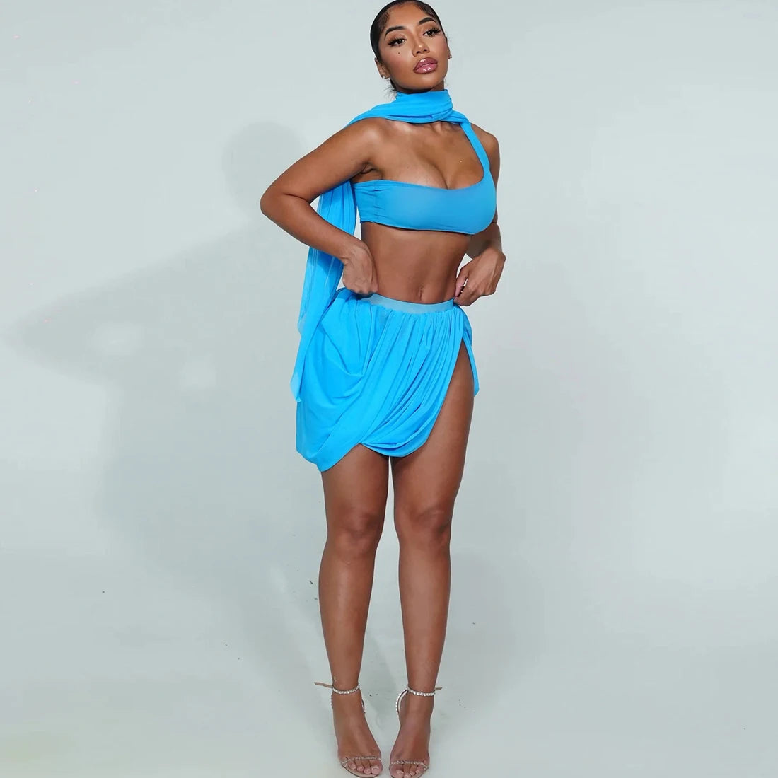 Y2K Sexy 2 Piece Set Women See Through Midnight Irregular Full Sleeve Crop Tops+Ruched Split Skirts Matching Clubwear