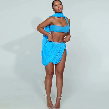 Y2K Sexy 2 Piece Set Women See Through Midnight Irregular Full Sleeve Crop Tops+Ruched Split Skirts Matching Clubwear