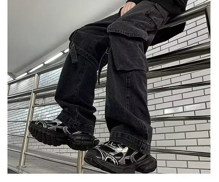2025 Mens Workwear Jeans Multiple Pockets Loose Straight Leg Spring Autumn Wide Casual Pants  Street Fashion Long Trousers