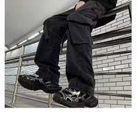 2025 Mens Workwear Jeans Multiple Pockets Loose Straight Leg Spring Autumn Wide Casual Pants  Street Fashion Long Trousers