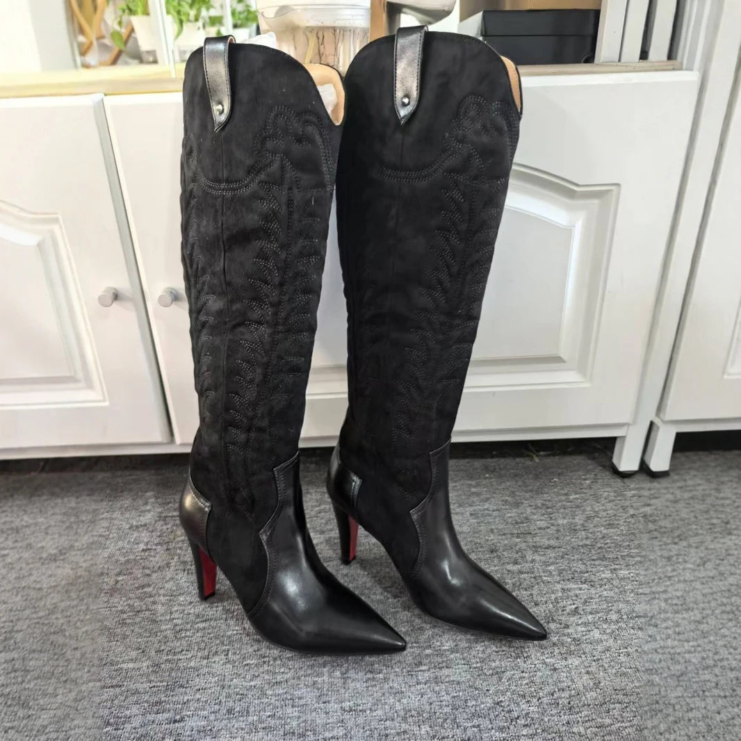 Slip On Winter Long Booties Sexy Pointed Toe Flannel Boats Embroidered Leather Knee-High Boots Women High Heels Designer Style