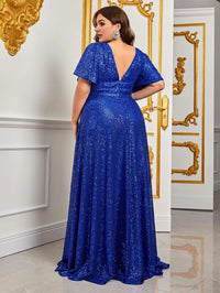 Plus Size Blue Sequins Shiny Maxi Evening Dress 4XL5XL Luxury V Neck Short Sleeve Loose 2023 Summer Plus Size Shiny Dresses