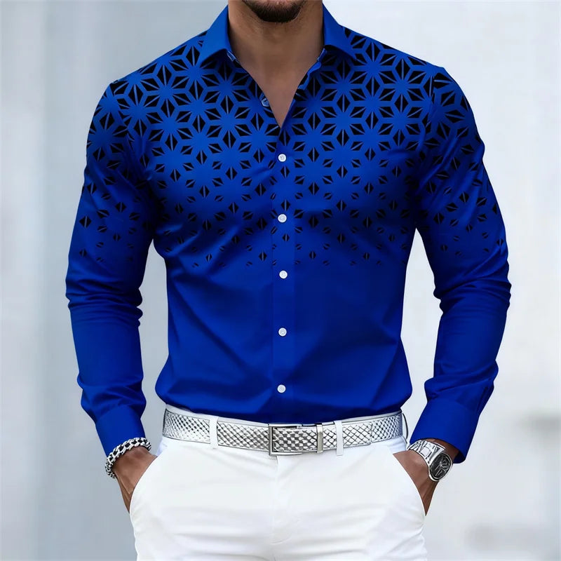 17 colors of men's shirts, fashionable geometric pattern print long sleeve shirts, personalized trendy slim lapel casual shirts