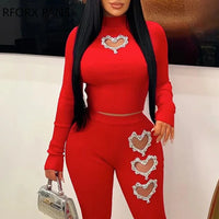 Women Casual Long Sleeves Heart Pattern Hollow Out Rhinestone Decor High Waist Skinny Pants Set