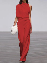 Spring And Summer Simple Solid Color Fashion One-shoulder Pile Collar Jumpsuit British Style Mid-waist Pleated Hollow Jumpsuit