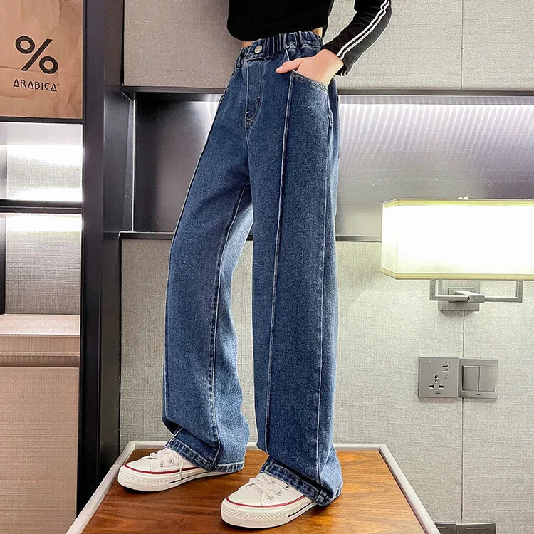 Wide Leg Jeans for Girls 6 8 9 10 11 12 14 Years Spring Autumn Loose Vintage Straight Retro Pants Fashion Teenage Kids Trousers
