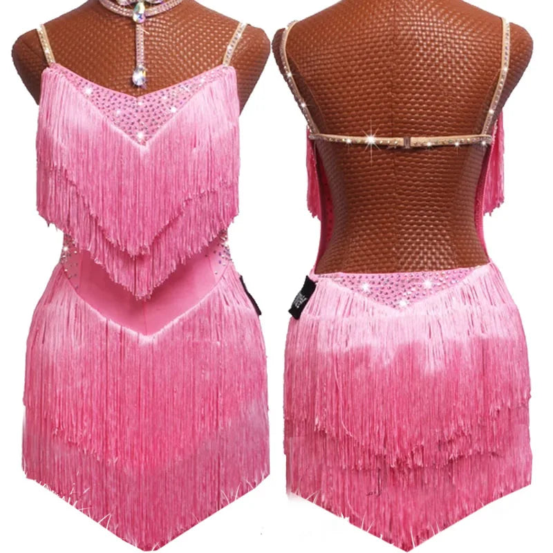 Latin Dance Dress Competition Costumes Skirt Performing Rhinestones Adult Children Tassel Various Color Red  White