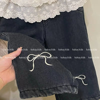 Jeans 2024 Girls Autumn Winter New Korean Lace Waist Bow Velvet Jeans Tide Teenage Girls Clothing Girls Pants