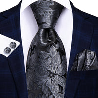 Hi-Tie Fashion 8.5cm Black Grey Floral Mens Elegant Tie Handkerchief Cufflinks Set Wedding Party Accessories Gift for Men Gravat