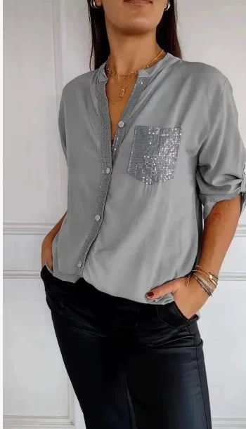 Women Pocket Sequined Blouse Shirts Summer Casual Female Button Lantern Sleeve Bling OL Workwear Blouse Tops 2025